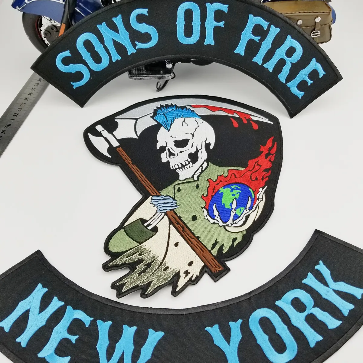 HOT SONS OF FIRE NEW YOURK SKULL MOTORCYCLE COOL LARGE BACK PATCH ROCKER CLUB VESTOUTLAW BIKER MC PATCH 