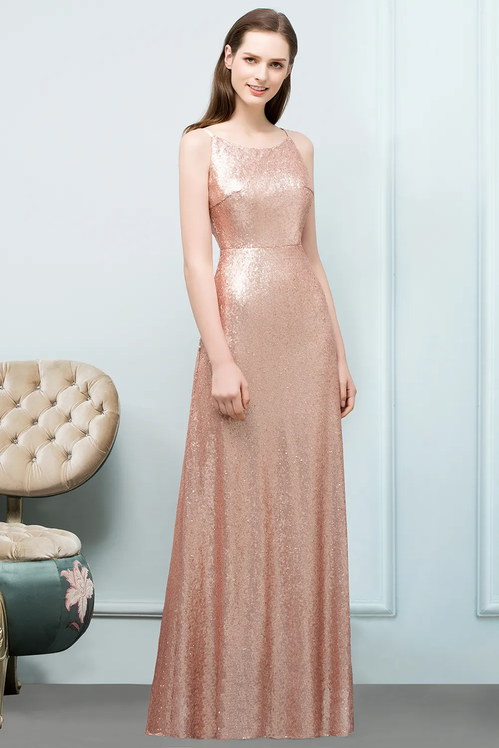 Real Image Rose Gold Sequins Long Bridesmaid Dresses Crew Neck Wedding Guest Party Maid Of Honor Evening Dresses CPS789