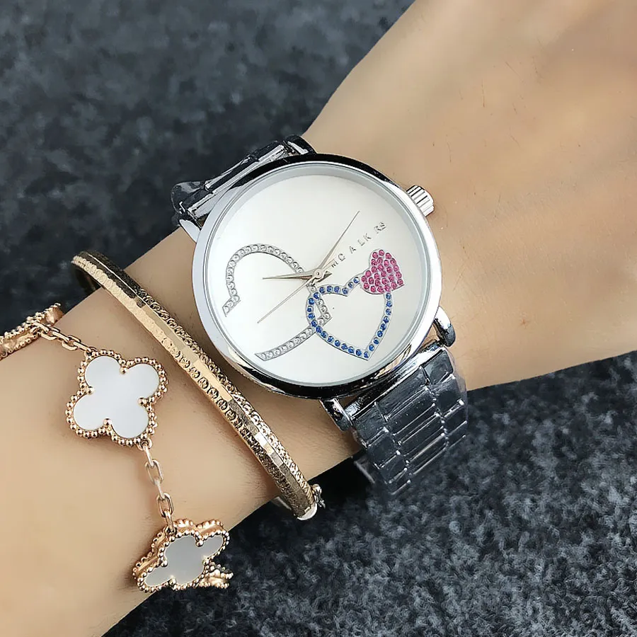 M design Brand Quartz wrist Watches for women Girl Colorful crystal Love heart shape style Metal steel band M552718