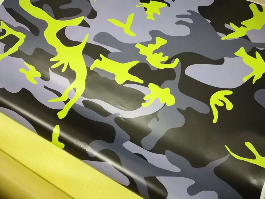 fluorescent yellow black gray urban arctic Camo Vinyl Car Wrap With air bubble Free Snow Camouflage Graphics Car Sticker 1.52x30m/ 5x98ft