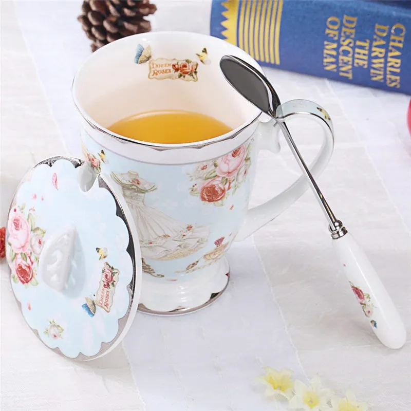 Tea Cup and Lid and Spoon Set Royal Fine Bone China Coffee Mug 11oz Light Blue TeaCups Gift for Women Mom Gift Box 275O