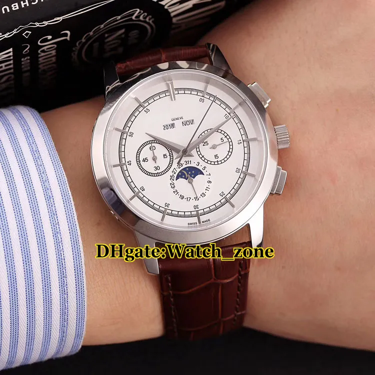 새로운 TraditeLelle Perpetual Calendar 5000T 000p Black Dial Moon Phase Automatic Mens Watch 가죽 스트랩 고품질 신사 Watch2995