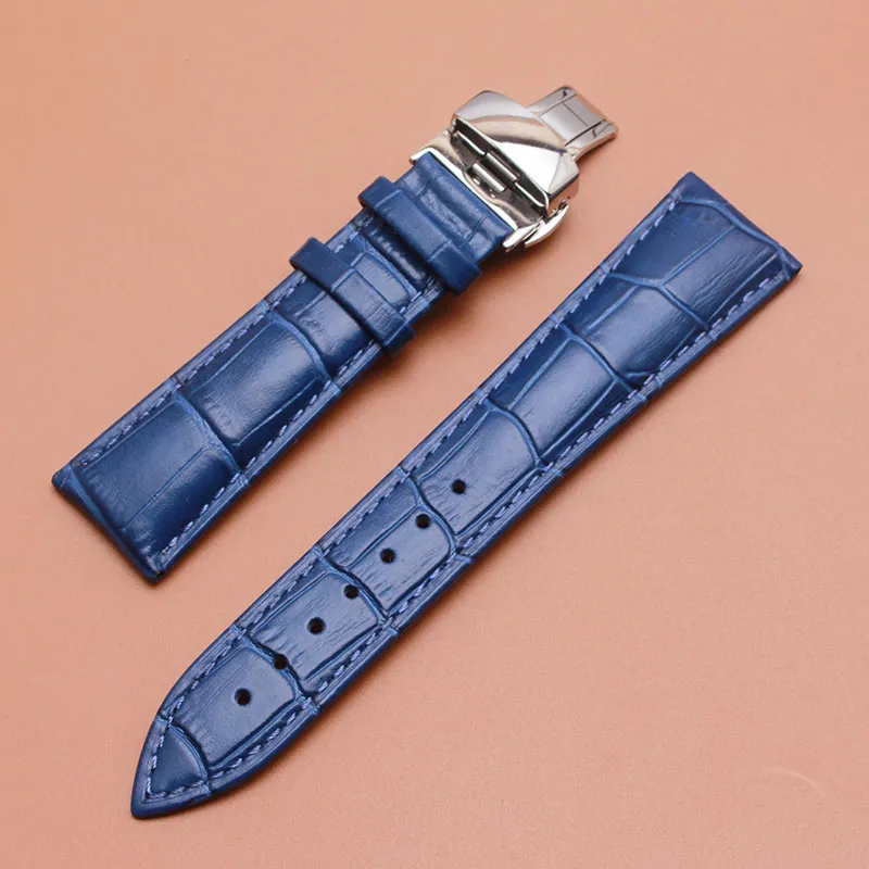 Bracelet de montre en cuir véritable de qualité, 14mm, 16mm, 18mm, 20mm, 22mm, bleu foncé, bracelet, fermoir en argent, accessoires de montre2824