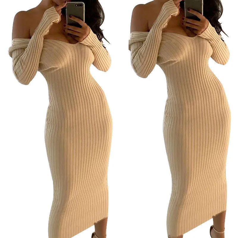 Elegant Knitted Off Shoulder Dresses Women Ladies Sexy V-Neck Night Club Sweater Jumper Long Party Dress Vestido D18102902