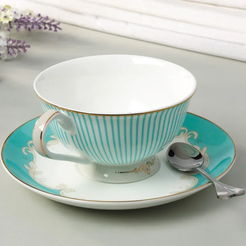 Tazze da tè vintage Royal Bone China, caffè, latte, tazza da tè, piattino e cucchiaio, set blu in scatola regalo 7-Oz293E