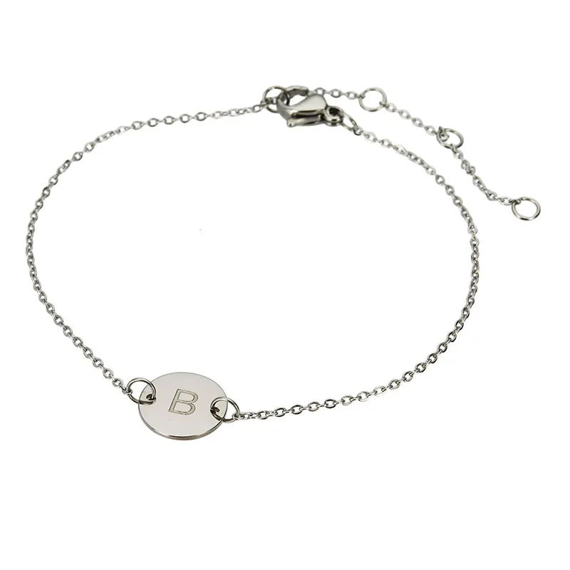 26 Initials Letter Disc Bracelet for Women Silver color Stainless steel Polish Chain Letter Disc Charm Bracelets & Anklets BR1443