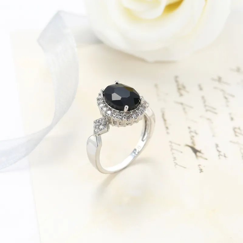 Luckyshine 1 Blumenförmige Weihnachts-Oval-natürliche schwarze Onyx-Zirkonia-Edelsteine Silberringe Hochzeitsschmuck274r