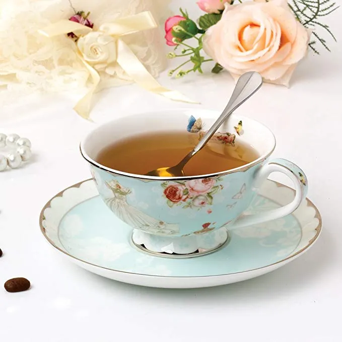 Ensembles de tasses à thé, soucoupes et cuillères, tasses à thé en porcelaine royale Vintage, fleur de Rose, coffret bleu, 7-Oz338T