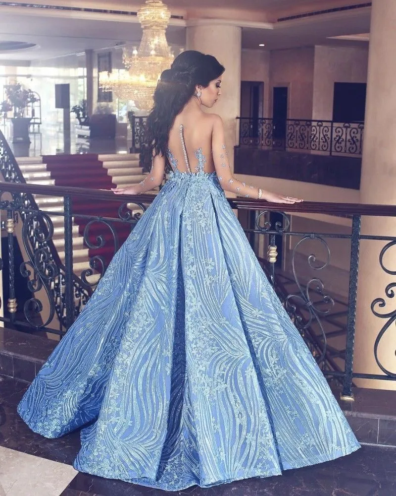 yousef aljasmi arabic mermaid prom dresses with detachable train sheer long sleeve dress evening wear lace appliqued formal party dress