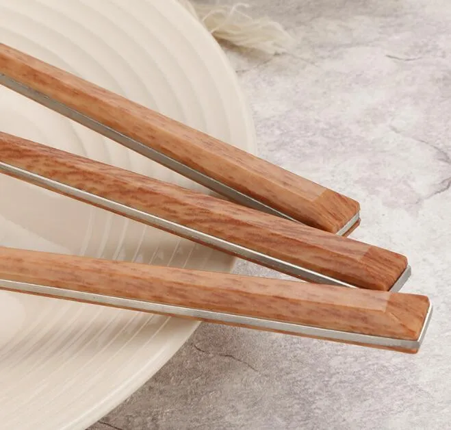 Rostfritt stål bestick med trähandtag miljövänliga västra bordsuppsättningar Spoon Knife Fork Högkvalitativ bordsartiklar260e