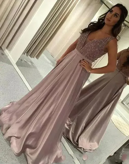 2018 Sexy Prom Dresses V Neck Crystal Beading Sleeveless Backless Satin A Line Plus Size Evening Dresses Wear Party Red Carpet Runway Gowns