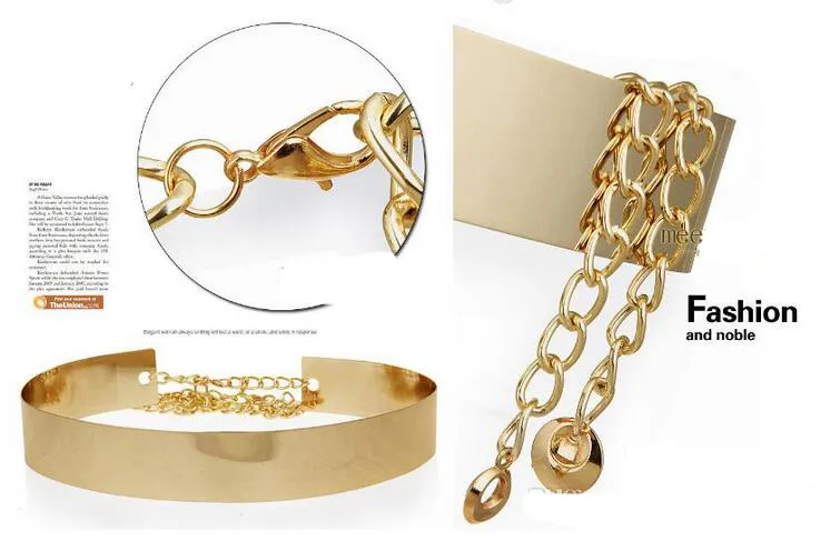 2018 s nouvelle mode femmes plein or argent métal miroir ceinture métallique plaque d'or large bande Obi avec chaînes 3004569