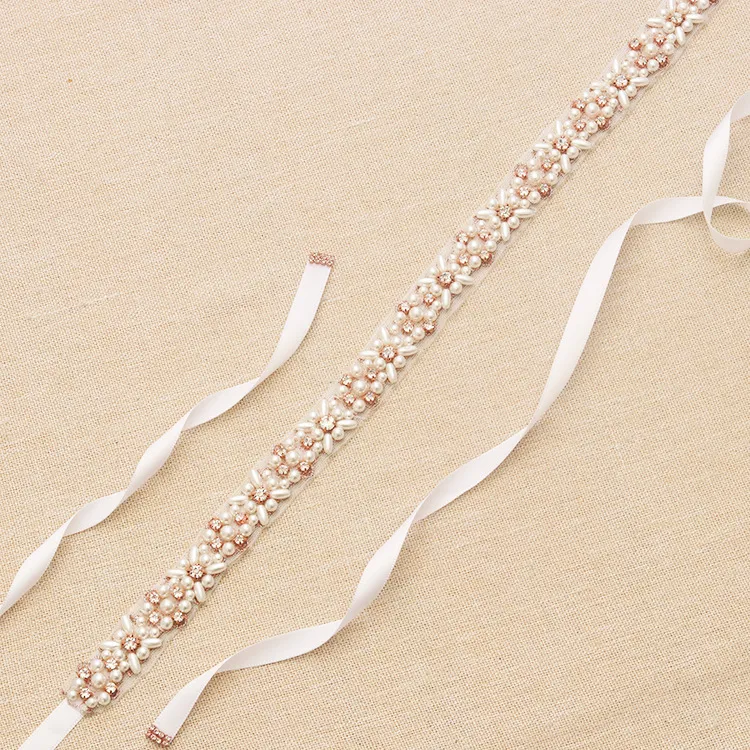 Szarowie ślubne Pasek ślubny 2019 Rose Gold Rhinestone Pearls Akcesoria Pas 100% ręcznie wykonany 8 kolorów Białe kość słoniowa Blush Sash305f