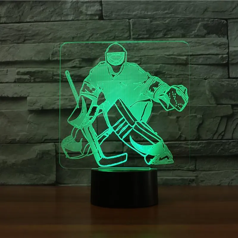 3D Ice Hockey Goalie Modeling Table Lamp 7 Färger Byte LED Nightlight USB Sovrum Sleep Lighting Sports Fans Gåvor Hemdekor297p