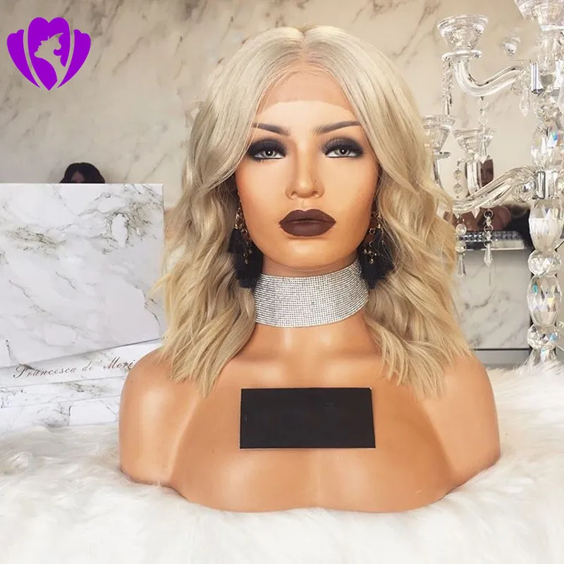 180density Body Wave Full Blonde Color Bob Wigs 합성 짧은 레이스 전면 가발 합성 모발 내열 섬유