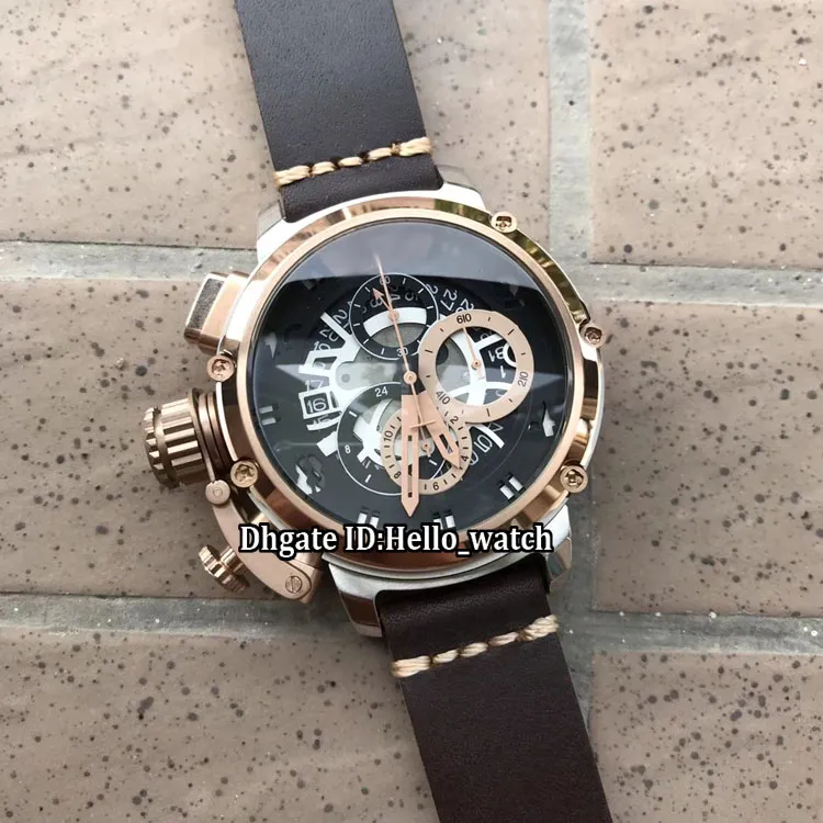 Vänsterhänt 50mm U-51 U51 Chimera Bronze 7474 Skeleton Black Dial Quartz Chronograph Mens Watch Stopwatch Black Bezel Leather Stra298p