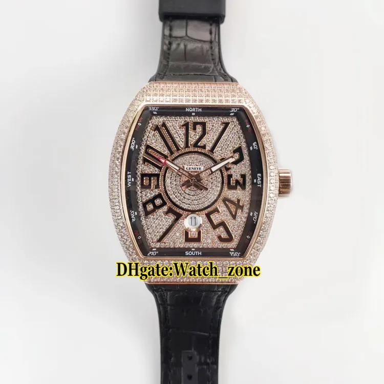 Neue HERRENKOLLEKTION Vanguard Date V 45 SC DT Automatik-Herrenuhr mit Diamant-Zifferblatt, Roségold, Diamantgehäuse, Leder- und Kautschukarmband W2384