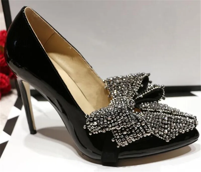 Fashion Brand Women Pointed Toe Black White Rhinestone Bowtie Thin Heel Pumps Crystal High Heels Wedding Dress Shoes