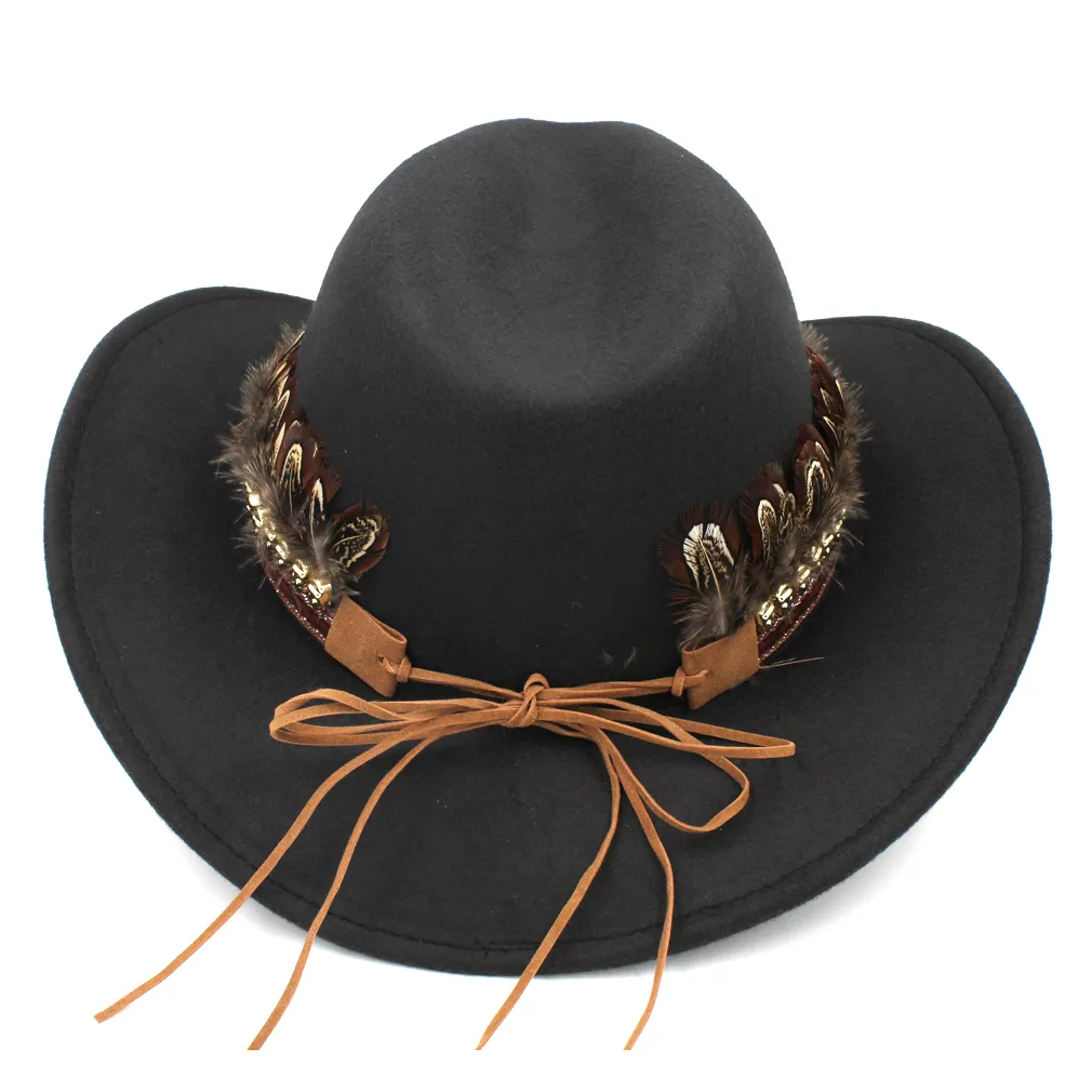 Men de mode Femmes laine Blend Western Cowboy Jazz Hat Wide Brim Sombrero Godfather Cap Caps Cowgirl Feather Band avec Skull1053941