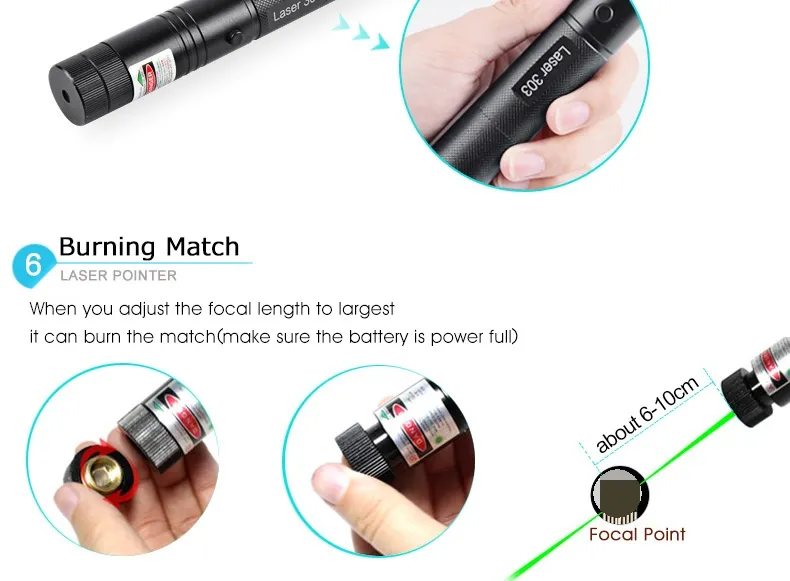 New Laser Pointers 303 Green Laser Pointer Pen 532nm Adjustable Focus & Battery And Battery Charger EU US VC081 0.5W SYSR