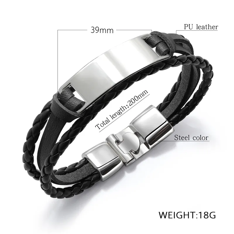 GAGAFEEL Custom Engrave Bangle For Men Punk Multilayer Bracelet Stainless Steel PU Leather Bangle Special Gift For Male274R