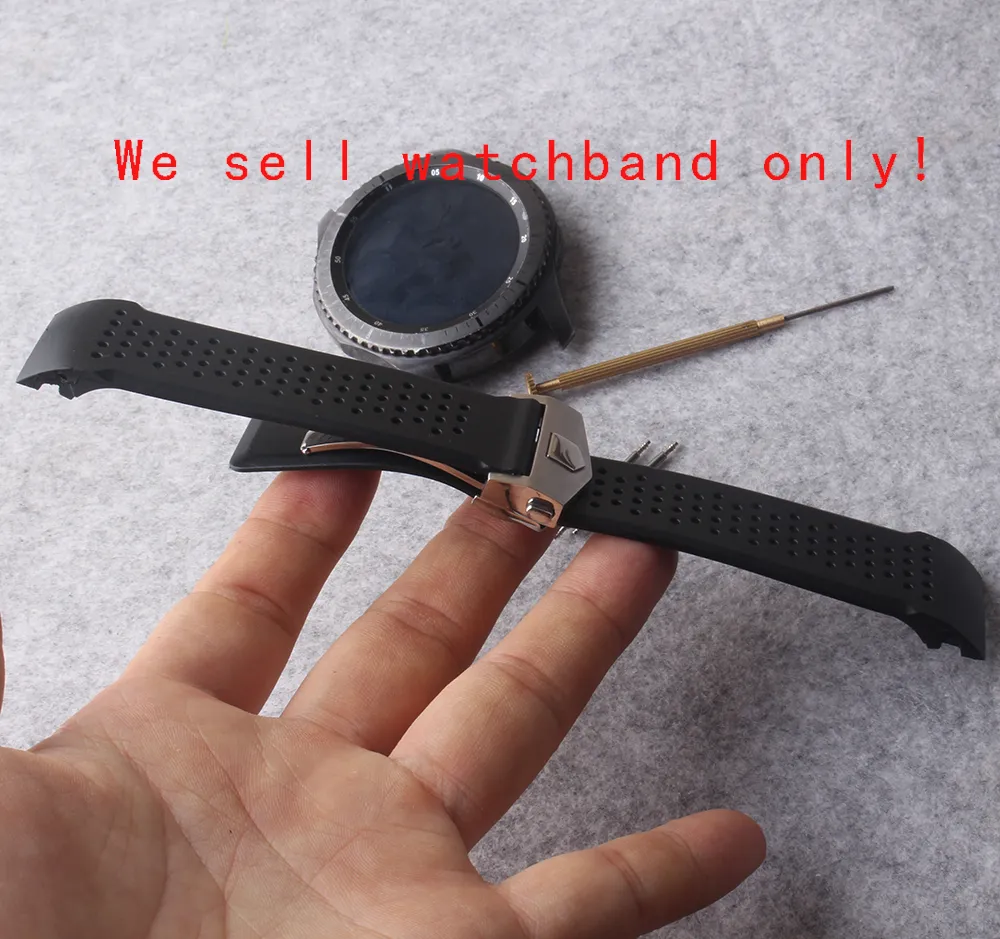 Ny Watchband Strap 22mm rostfritt stål distribution svart dykning silikon gummi hål klockband rem för växel S3 ersättning189k
