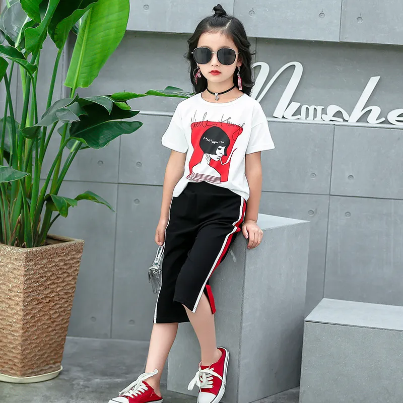 2018 New Girls Clothing sets adolescents Kids Vêtements Suit Enfants Enfants à manches courtes Pantalons Tshirt 414 Ages Y18928072848802