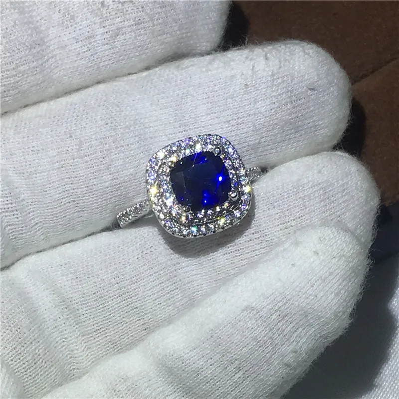 Damesmode kussen gesneden 3ct Blauw 5A zirkoon kristal 925 Sterling zilver Engagement wedding band ring voor vrouwen Bijoux280H