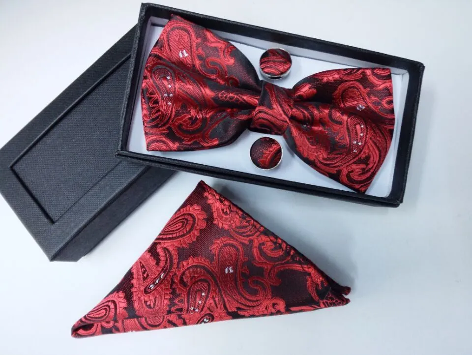 100 ٪ Men Men Bowtie Pocket Square Bow Tie and Handkerchief مجموعة Hanky ​​مع Cufflink Tie Box Set284s