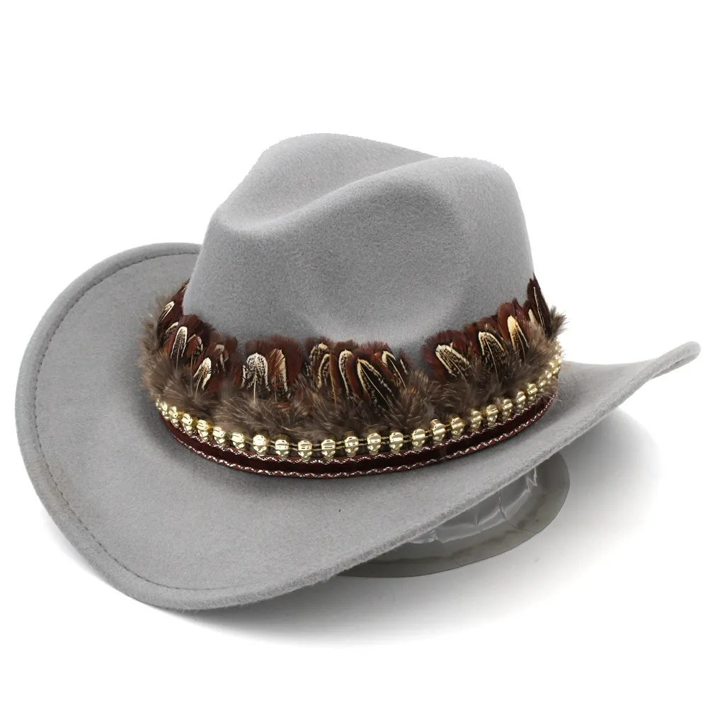 Men de mode Femmes laine Blend Western Cowboy Jazz Hat Wide Brim Sombrero Godfather Cap Caps Cowgirl Feather Band avec Skull1053941