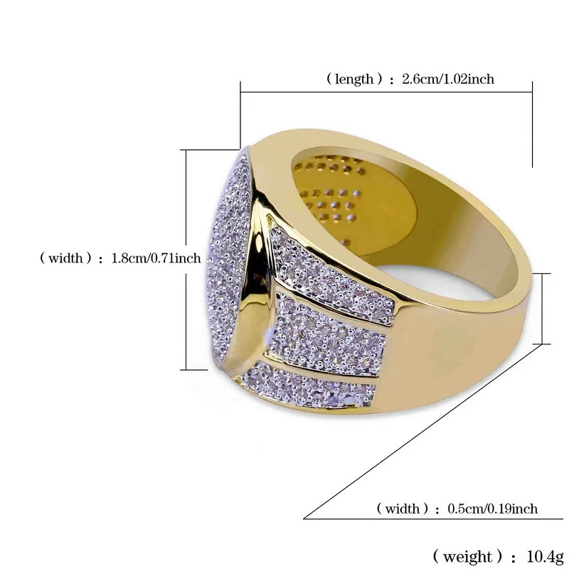 Bagues en or Hip Hop pour hommes, bijoux à la mode, bague glacée, bagues en diamant de Simulation pour Men289q