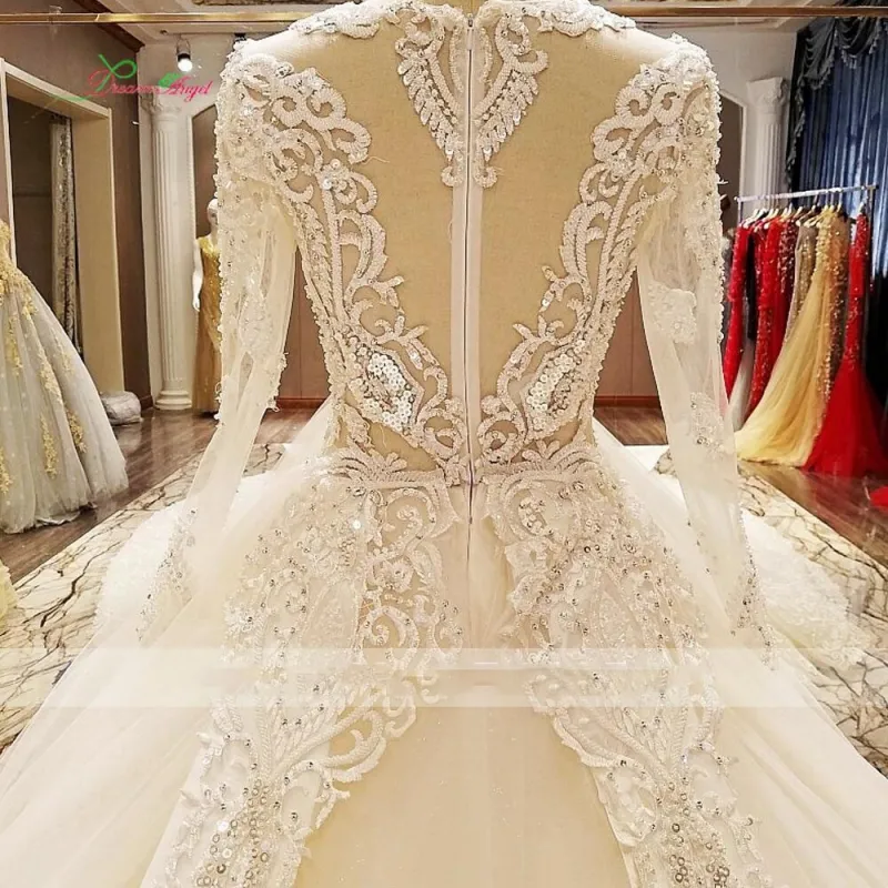 Amazing Beading Wedding Dresses Illusion Top Long Sleeves Bridal Gowns A Line Lace Appliques Court Train Wedding Vestidos Custom Made