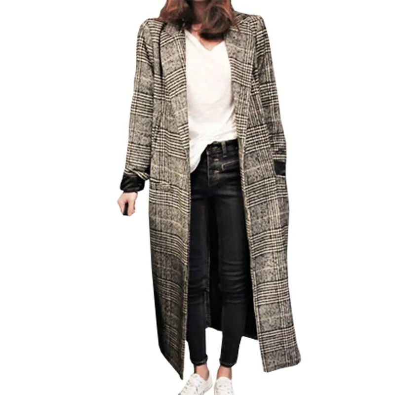 Women plaid long coat long sleeve woollen overcoat loose outwear female winter autumn trench coats plus size C18110601