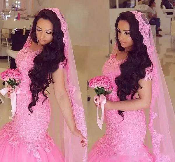 Pink Lace Mermaid Wedding Dresses 2018 Summer Cap Sleeves Bridal Gowns Custom Made Sweep Train African Wedding Vestidos 