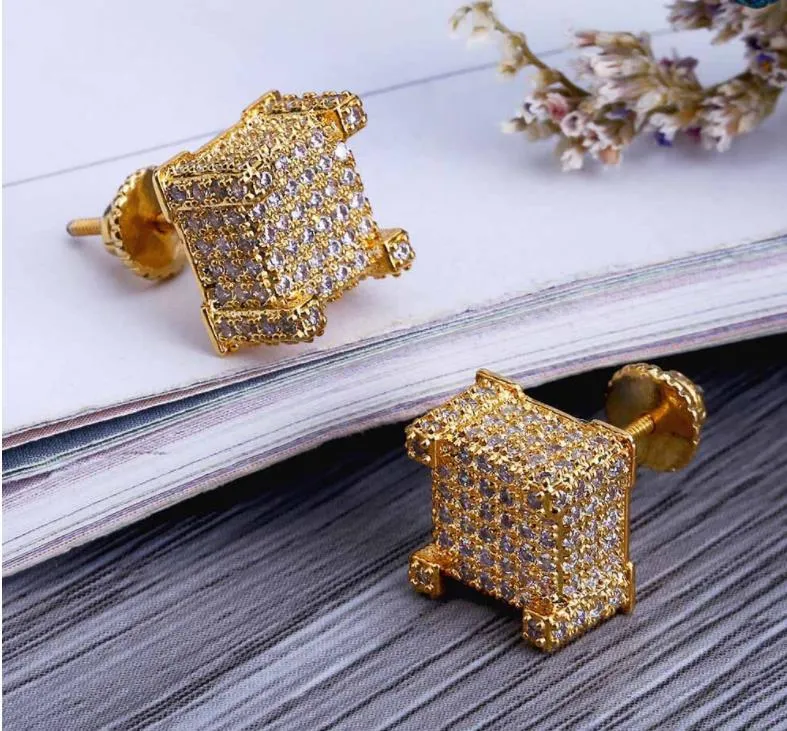 Fashion Screw back CZ Earrings Stud Men Brand Designer Luxury Hiphop Full Rhinestone Jewelry Gold Silver Copper Pierced Ear Stud J241M