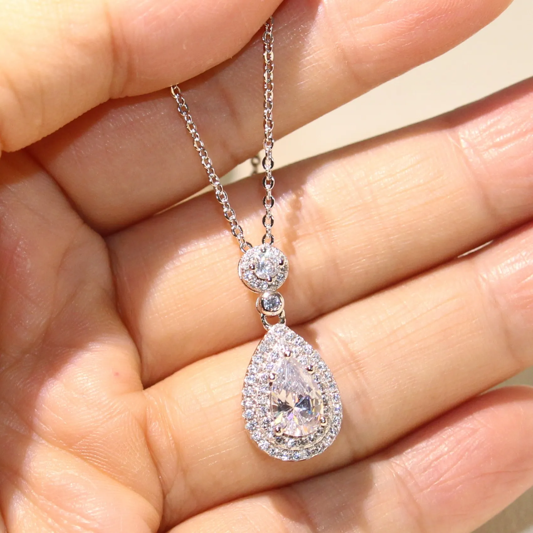 925 Sterling Silver Water Drop Necklace with Pear Shape Topaz CZ Diamond Pendant for Women