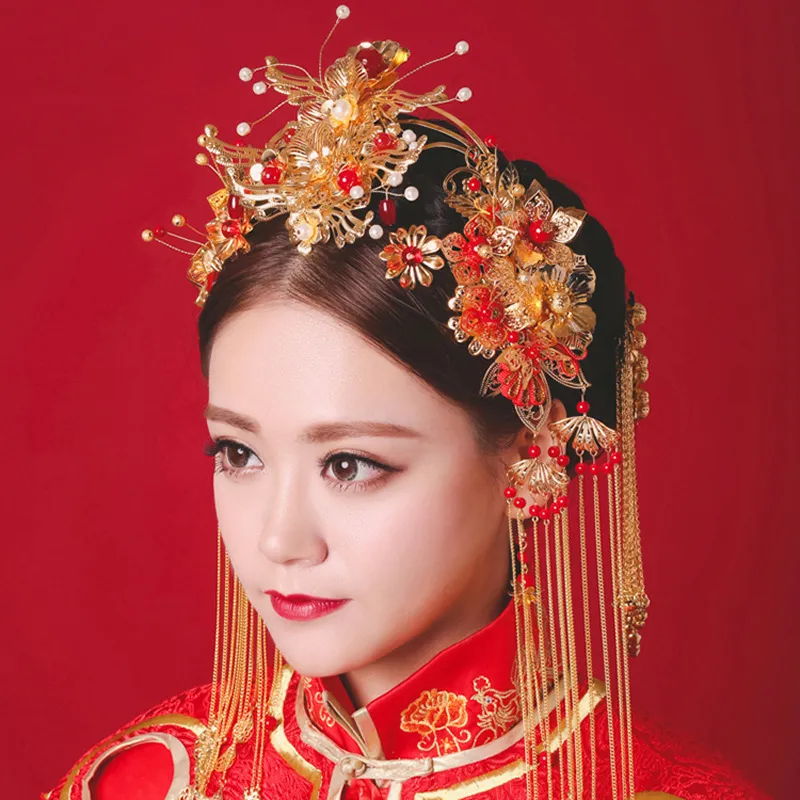 Headus époux de style chinois Costume ancien Phoenix Coronet Ornements rouges Headswear Muried Robe Full Cheongsam Hair décore348b