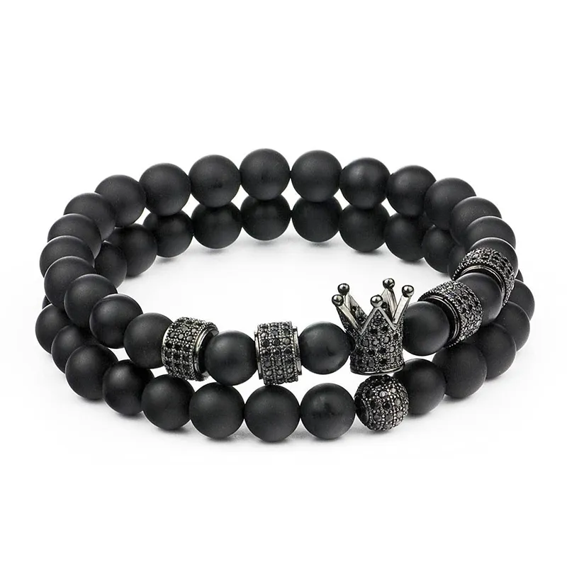 Conjunto de micro incrustações de zircão redondo rolhas homens coroa charme de charme de contas naturais Bracelete de Buda para mulheres pulseras masculina294s