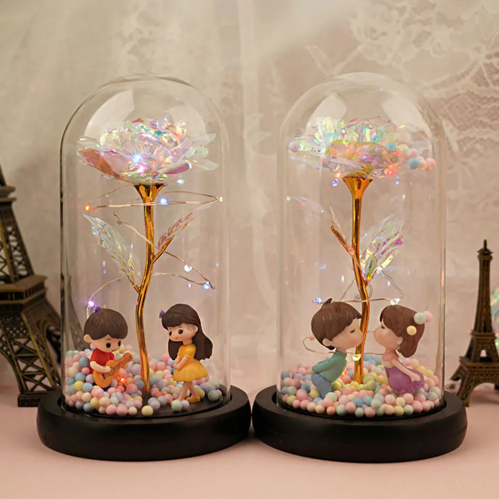 Souhaitant fille galaxie rose en flacon LED fleurs clignotantes en dôme de verre pour la décoration de mariage cadeau de Saint Valentin avec cadeau Bo187j