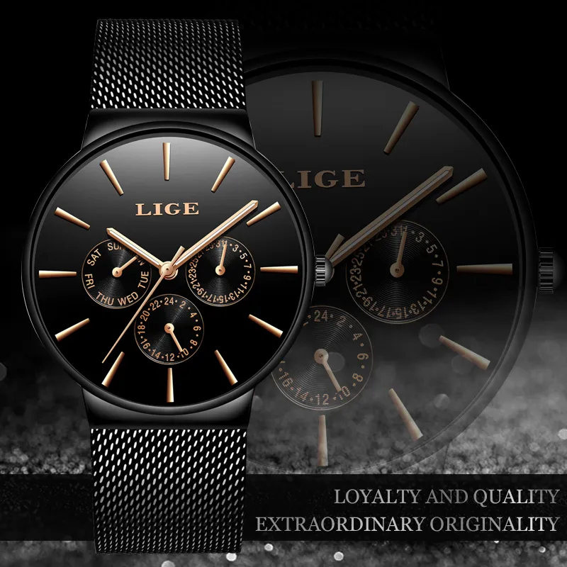 Mens Watches Lige Top Brand Luxury Waterproof Ultra Thin Date Clock Male Steel Strap Casual Quartz Watch Men Sports Wrist Watch Y13153