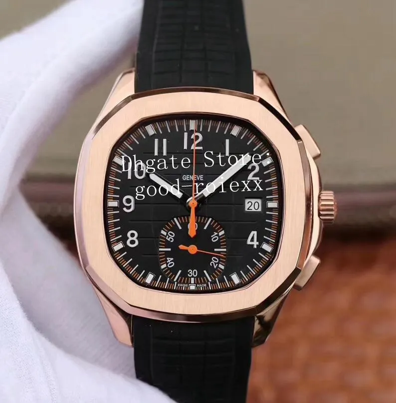 Chronographe en or rose masculin montre des hommes de mouvement chrono automatique regarde Valjoux 7750 eta Black Orange Rubber 5968 Sport Wrist 184o