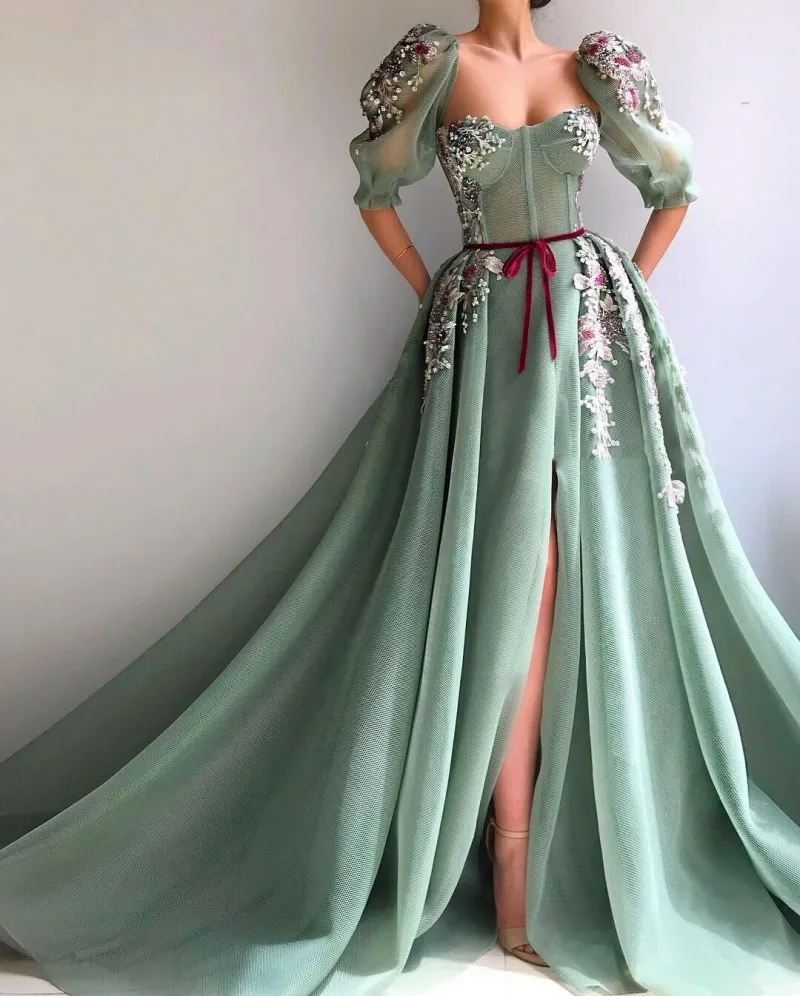 Vintage Beaded Split Prom Dresses A Line Sweetheart Half Long Sleeve Lace Appliqued Plus Size Evening Gowns Custom Made Party Dres3019