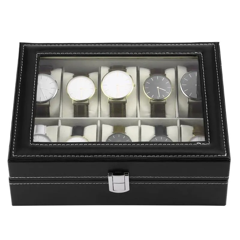 Boîtes de montres en cuir PU, 10 grilles, support de montre-bracelet, vitrine de montres, boîtes de rangement rectangulaires pour bijoux FO 266n