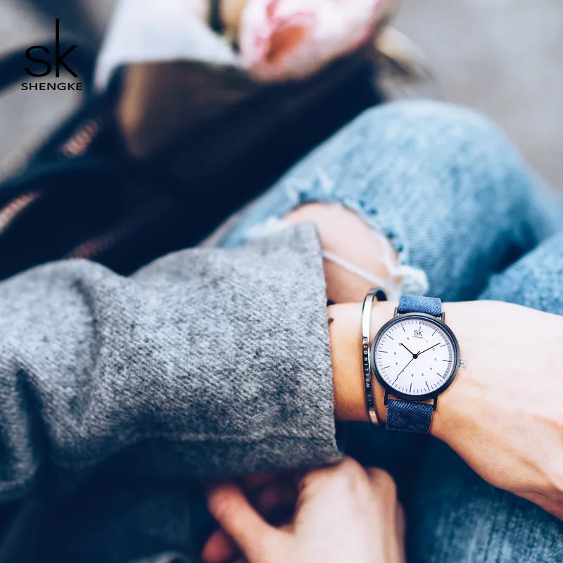 Shengke Casual Horloges Vrouwen Meisjes Denim Canvas Riem Vrouwen Polshorloge Reloj Mujer Nieuwe Creatieve Vrouwelijke Quartz Watch222b