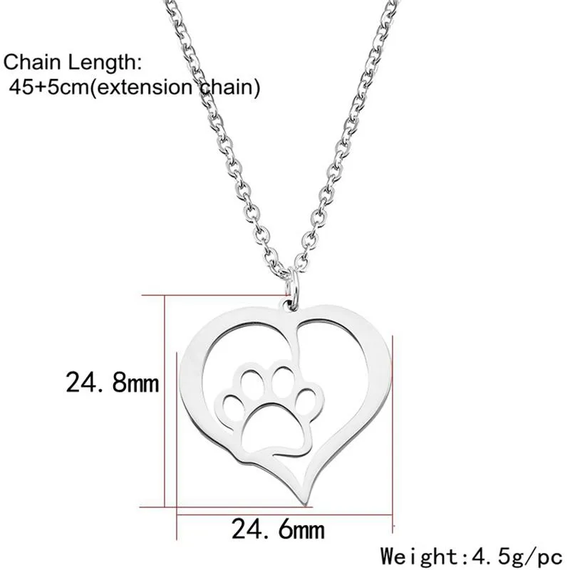 Women Stainless Steel Necklace Dog Paw Love Heart Design Hollow Choker Pendant Necklaces Silver Gold Color Fashion Engagement Jewe292a