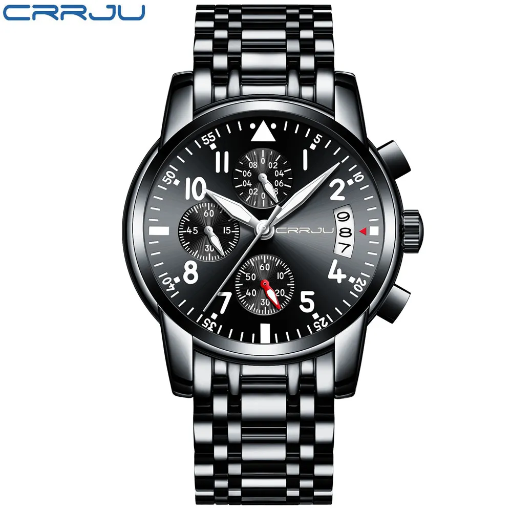 Relogio Masculion CRRJU Men Top Luxury Brand Military Sport Watch Men's Quartz Clock Male Full Steel Casual Business black wa282C