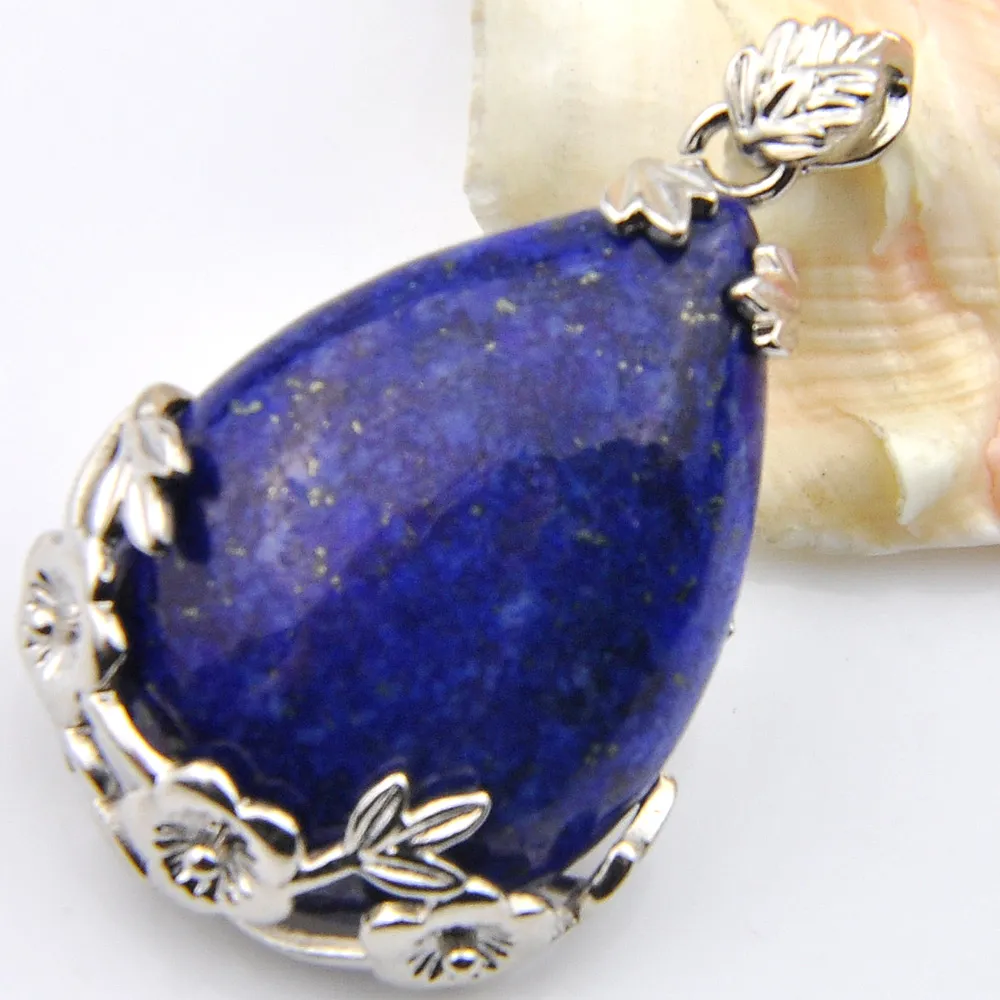 Luckyshien NEW Handmade Natural Lapis Lazuli Pendants Vintage Silver Elegant plum flower Pendant Necklace Jewelry For Women Pendan238d