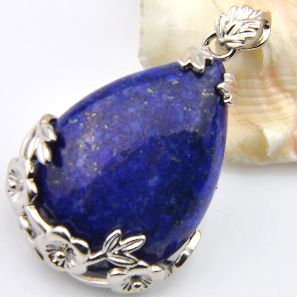 Luckyshien nouveau fait à la main naturel Lapis Lazuli pendentifs Vintage argent élégant fleur de prunier pendentif collier bijoux pour femmes Pendan3238