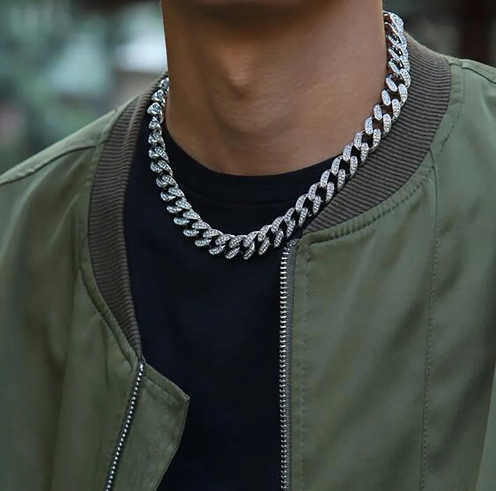 Ensemble collier et bracelet à maillons cubains de 13mm, bijoux hip hop à la mode, strass glacés, colliers pour hommes 263W