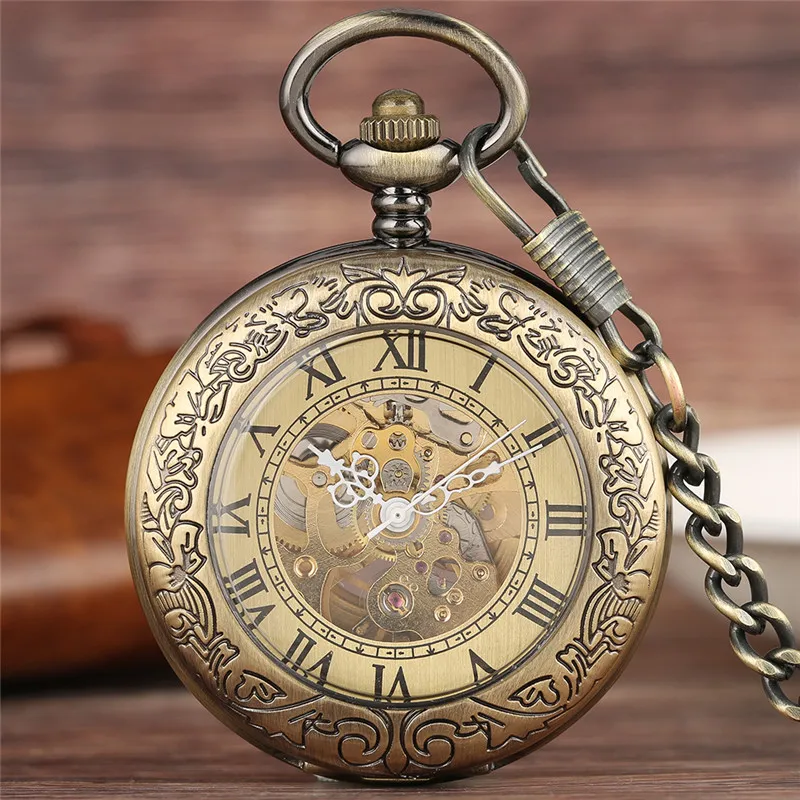 Orologio da tasca vintage in bronzo numeri romani scheletro orologi meccanici automatici uomo donna orologio a carica automatica pendente FOB catena257H